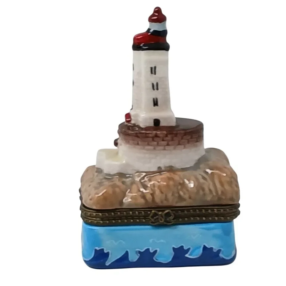 VTG Lighthouse Themed Porcelin Hinged Trinket / Ring Box Ocean Wave Detail #S-2